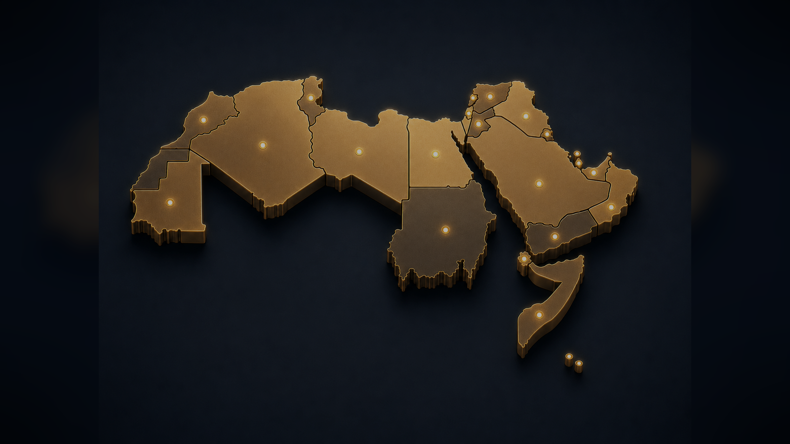 Reference 3D Arab world coverage map with country dots